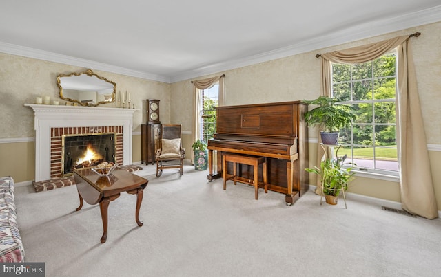 1043 Welsh Ayres Way, Downingtown, PA 19335 - living room featuring carpet floors, ornamental molding, and a brick fireplace