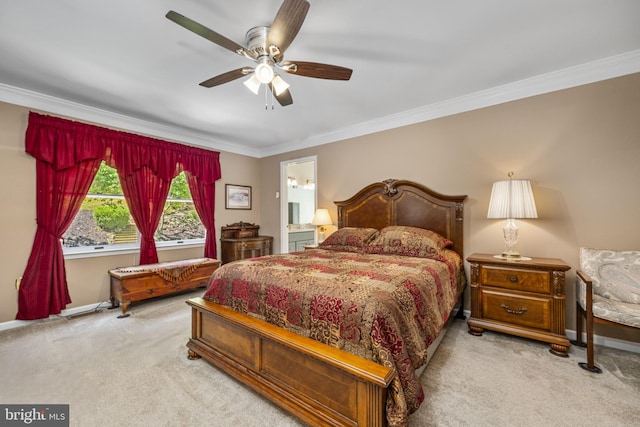 1043 Welsh Ayres Way, Downingtown, PA 19335 - bedroom with carpet floors, crown molding, a ceiling fan, and connected bathroom