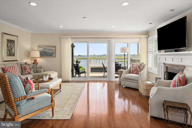 222 N Heron Dr Unit 222-1, Ocean City, MD 21842 - living area featuring plenty of natural light, a high end fireplace, crown molding, hardwood / wood-style flooring, and recessed lighting