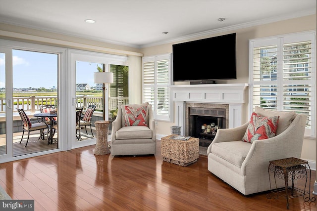 222 N Heron Dr Unit 222-1, Ocean City, MD 21842 - living room with plenty of natural light, ornamental molding, wood finished floors, a fireplace, and recessed lighting
