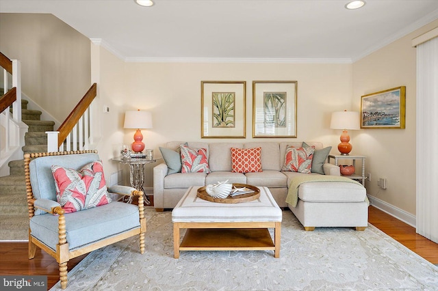 222 N Heron Dr Unit 222-1, Ocean City, MD 21842 - living room featuring wood finished floors, ornamental molding, stairs, and recessed lighting