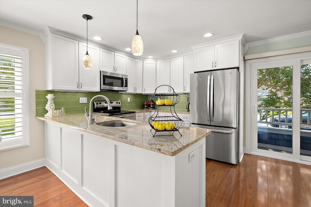 222 N Heron Dr Unit 222-1, Ocean City, MD 21842 - kitchen with appliances with stainless steel finishes, plenty of natural light, a peninsula, crown molding, and white cabinets