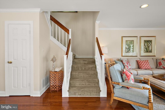 222 N Heron Dr Unit 222-1, Ocean City, MD 21842 - stairs with wood finished floors, ornamental molding, and recessed lighting