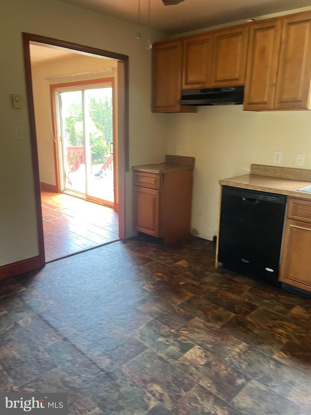 472 Lummistown Rd, Cedarville, NJ 08311 - kitchen with black dishwasher, ventilation hood, brown cabinetry, a ceiling fan, and light countertops