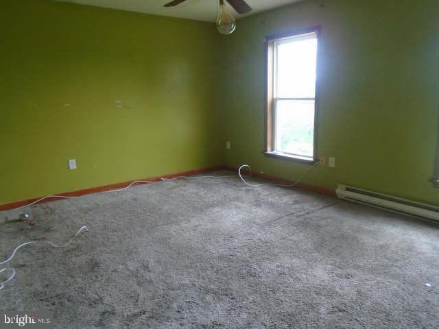 472 Lummistown Rd, Cedarville, NJ 08311 - carpeted spare room with healthy amount of natural light, ceiling fan, and a baseboard radiator