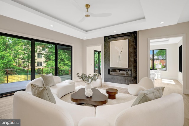 1710 Fairview Ave, Mclean, VA 22101 - living area with light wood-style floors, a tray ceiling, recessed lighting, and ceiling fan