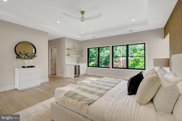 1710 Fairview Ave, Mclean, VA 22101 - bedroom featuring multiple windows, wet bar, a tray ceiling, wine cooler, and recessed lighting