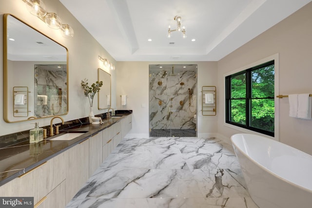 1710 Fairview Ave, Mclean, VA 22101 - bathroom featuring a marble finish shower, marble finish floors, a soaking tub, double vanity, and recessed lighting