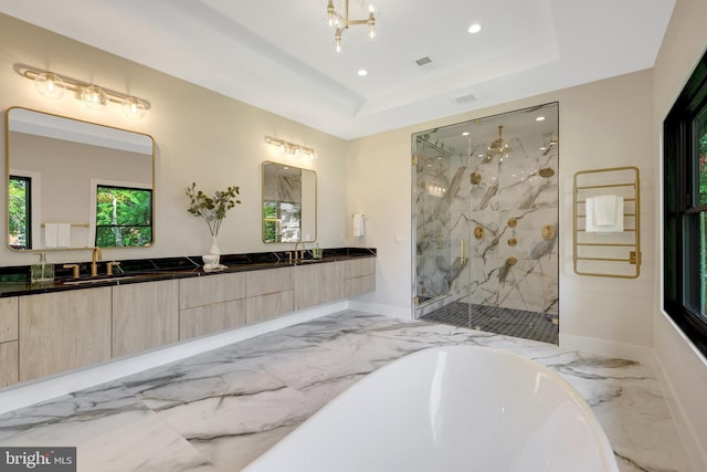 1710 Fairview Ave, Mclean, VA 22101 - bathroom with a soaking tub, a marble finish shower, marble tiled floors, double vanity, and recessed lighting