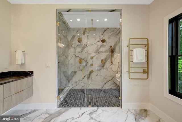 1710 Fairview Ave, Mclean, VA 22101 - full bathroom featuring marble look tile flooring, a marble finish shower, a towel warmer, recessed lighting, and vanity