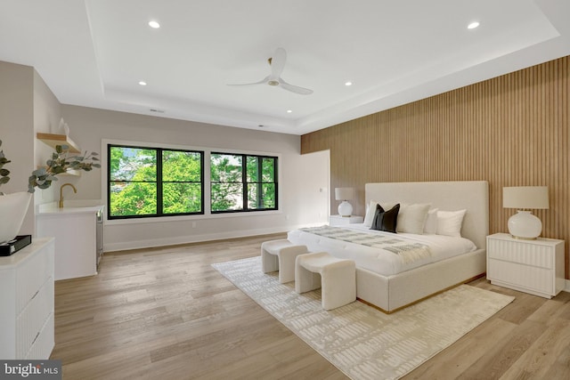 1710 Fairview Ave, Mclean, VA 22101 - bedroom featuring light wood-type flooring, recessed lighting, a ceiling fan, and a tray ceiling
