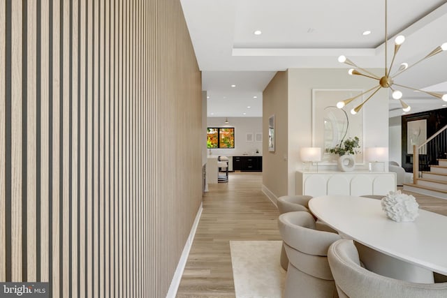 1710 Fairview Ave, Mclean, VA 22101 - dining space featuring light wood finished floors, stairs, recessed lighting, and a chandelier