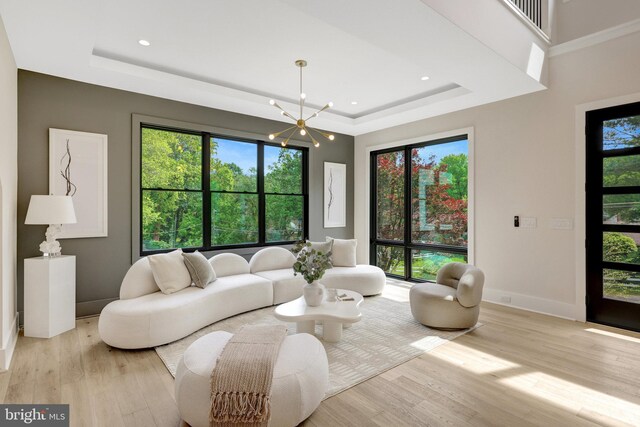 1710 Fairview Ave, Mclean, VA 22101 - living room featuring a raised ceiling, a chandelier, wood finished floors, and recessed lighting