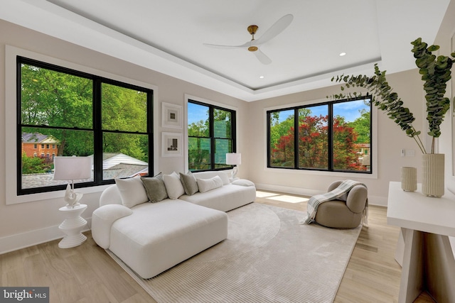 1710 Fairview Ave, Mclean, VA 22101 - living area with light wood finished floors, a ceiling fan, recessed lighting, and a raised ceiling