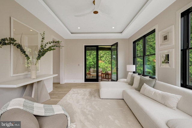 1710 Fairview Ave, Mclean, VA 22101 - living room featuring recessed lighting, light wood-style flooring, a tray ceiling, and a ceiling fan