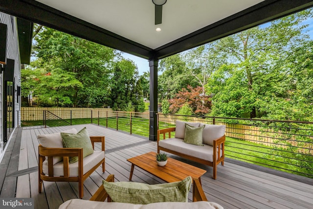 1710 Fairview Ave, Mclean, VA 22101 - wooden terrace featuring outdoor lounge area, view of wooded area, and a fenced backyard