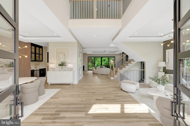 1710 Fairview Ave, Mclean, VA 22101 - entryway with stairs, a raised ceiling, wood finished floors, a ceiling fan, and recessed lighting