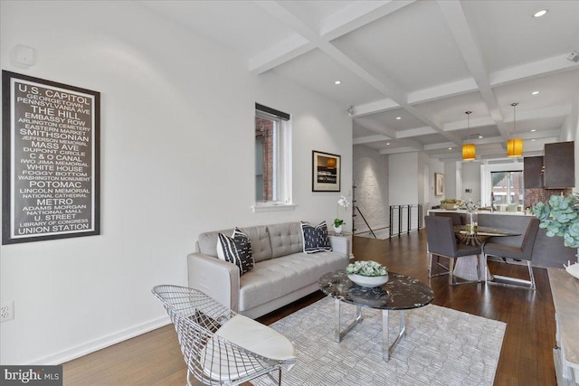 2223 1st St NW Unit 1, Washington, DC 20001 - living area featuring beamed ceiling, wood finished floors, coffered ceiling, and recessed lighting