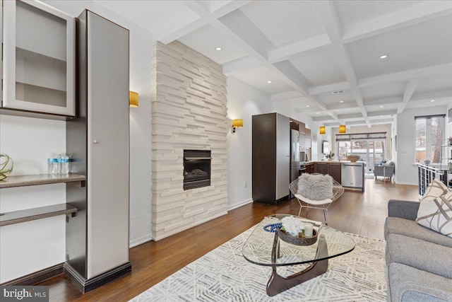 2223 1st St NW Unit 1, Washington, DC 20001 - living area featuring dark wood-style flooring, beam ceiling, coffered ceiling, a fireplace, and recessed lighting