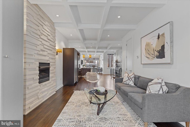 2223 1st St NW Unit 1, Washington, DC 20001 - living area with dark wood-style flooring, beam ceiling, coffered ceiling, a fireplace, and recessed lighting