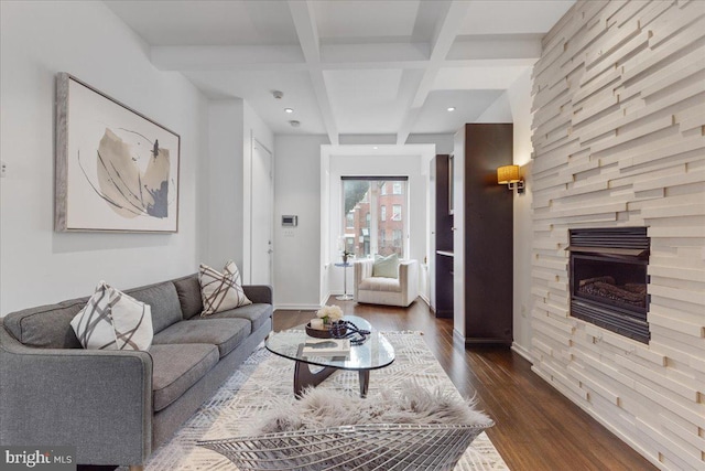 2223 1st St NW Unit 1, Washington, DC 20001 - living area featuring coffered ceiling, beam ceiling, dark wood-type flooring, a fireplace, and recessed lighting