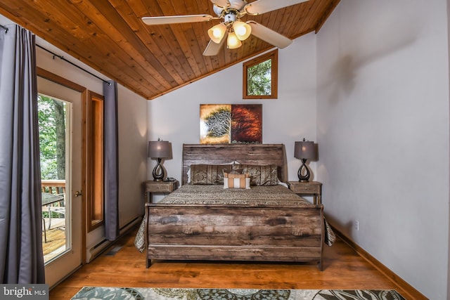 1140 Rock Lodge Rd, Mc Henry, MD 21541 - bedroom with wood ceiling, wood finished floors, vaulted ceiling, and ceiling fan