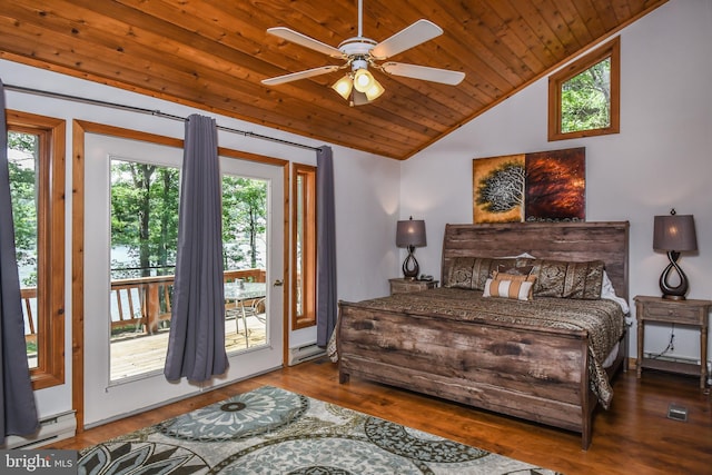 1140 Rock Lodge Rd, Mc Henry, MD 21541 - bedroom with access to exterior, a baseboard heating unit, wooden ceiling, vaulted ceiling, and wood finished floors