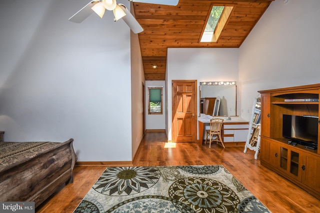 1140 Rock Lodge Rd, Mc Henry, MD 21541 - bedroom featuring high vaulted ceiling, a skylight, wooden ceiling, and wood finished floors