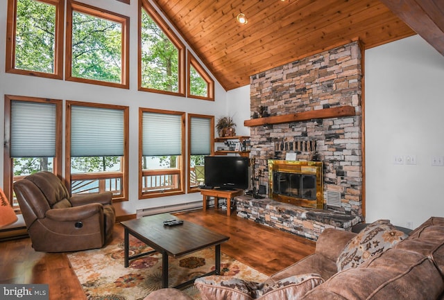 1140 Rock Lodge Rd, Mc Henry, MD 21541 - living area featuring baseboard heating, high vaulted ceiling, wood finished floors, wooden ceiling, and plenty of natural light