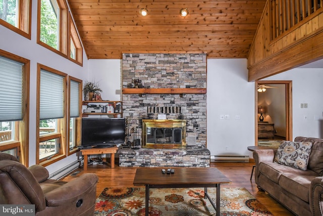1140 Rock Lodge Rd, Mc Henry, MD 21541 - living room featuring wooden ceiling, wood finished floors, a baseboard heating unit, healthy amount of natural light, and high vaulted ceiling