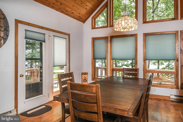 1140 Rock Lodge Rd, Mc Henry, MD 21541 - dining area featuring lofted ceiling, wood finished floors, a baseboard radiator, and wood ceiling