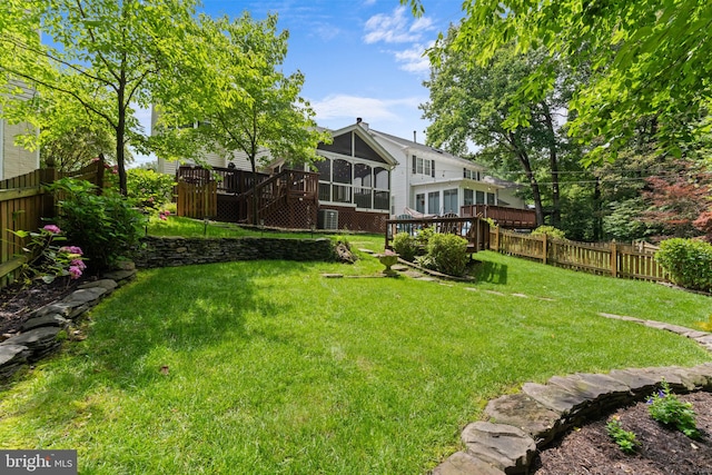 10034 Park Woods Ln, Burke, VA 22015 - fenced backyard with a sunroom, a wooden deck, and stairs