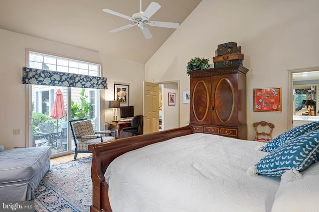 4 Surrey Rd, Rehoboth Beach, DE 19971 - bedroom featuring high vaulted ceiling, access to outside, a desk, wood finished floors, and a ceiling fan