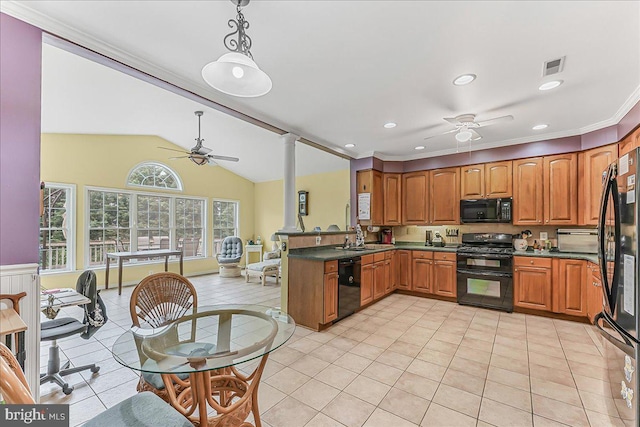 117 Woodrow Ln, Port Deposit, MD 21904 - kitchen with black appliances, ceiling fan, brown cabinets, dark countertops, and recessed lighting