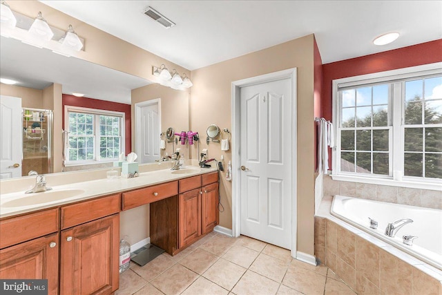 117 Woodrow Ln, Port Deposit, MD 21904 - full bathroom featuring double vanity, a bath, tile patterned flooring, and an enclosed shower