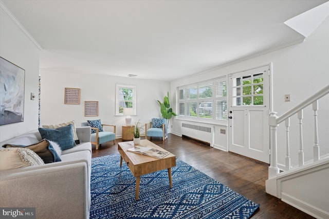 12 Rodney Rd, Bryn Mawr, PA 19010 - living room featuring radiator, wood finished floors, stairway, and crown molding