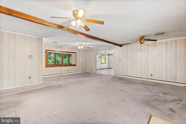 26140 High Banks Dr, Salisbury, MD 21801 - unfurnished living room with a baseboard heating unit, ceiling fan, healthy amount of natural light, wooden walls, and beamed ceiling