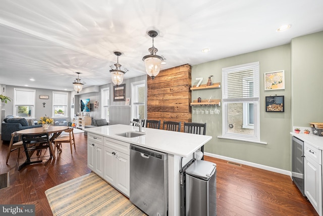 4334 Mitchell St, Philadelphia, PA 19128 - kitchen featuring dishwasher, open floor plan, recessed lighting, light countertops, and dark wood-style flooring