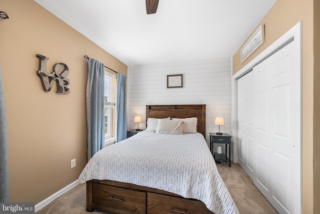 4334 Mitchell St, Philadelphia, PA 19128 - bedroom featuring carpet floors, a closet, a ceiling fan, and wood walls
