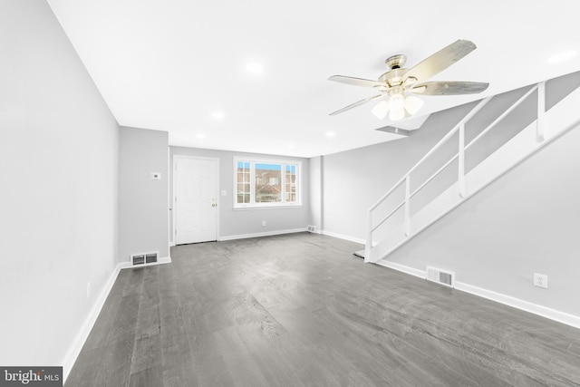 1171 E Sharpnack St, Philadelphia, PA 19150 - unfurnished living room with stairway, a ceiling fan, recessed lighting, and dark wood finished floors