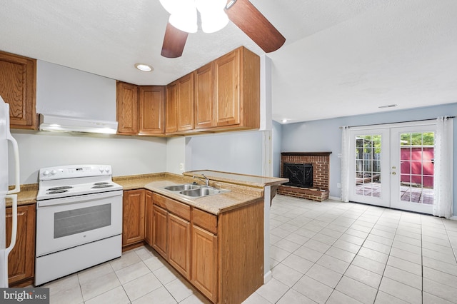 9126 Fisteris Ct, Springfield, VA 22152 - kitchen with electric stove, extractor fan, a peninsula, light tile patterned floors, and light countertops