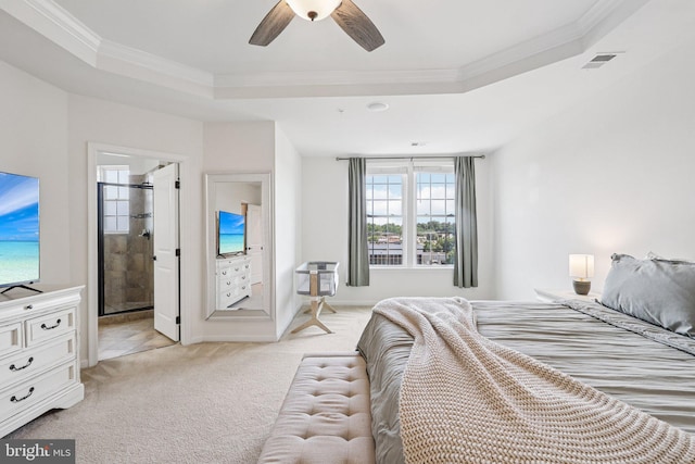 269 High Rail Ter SE, Leesburg, VA 20175 - bedroom featuring a raised ceiling, crown molding, light carpet, and ceiling fan