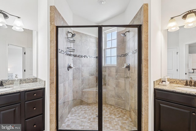 269 High Rail Ter SE, Leesburg, VA 20175 - full bathroom featuring vanity, a shower stall, and vaulted ceiling