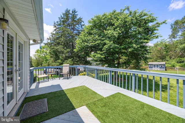 3341 Howellsville Rd, Front Royal, VA 22630 - view of grassy yard with a deck, a shed, and french doors