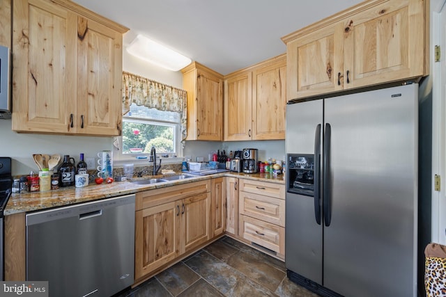 3341 Howellsville Rd, Front Royal, VA 22630 - kitchen with stainless steel appliances, light brown cabinets, stone finish flooring, and light stone counters