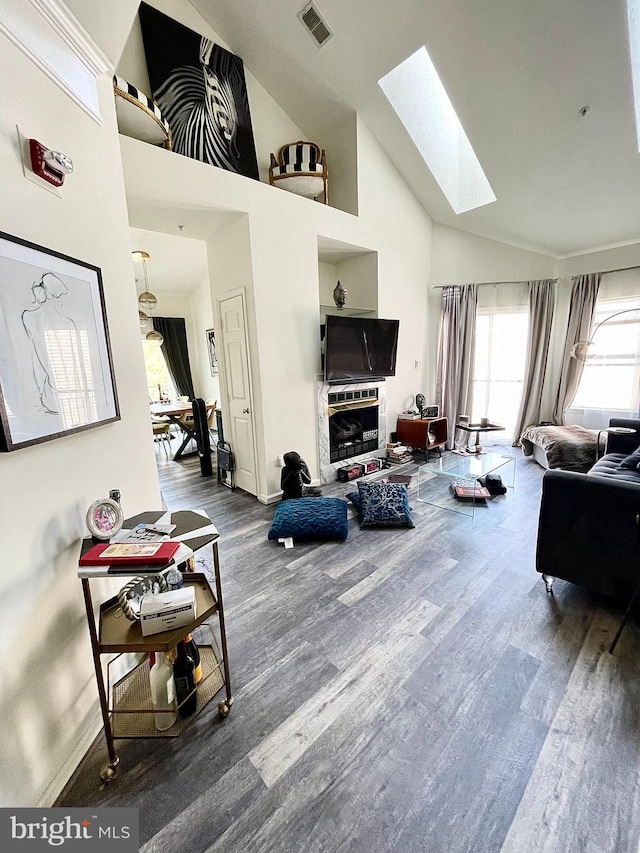 6541 Grange Ln Unit 401, Alexandria, VA 22315 - living room featuring a skylight, wood finished floors, and high vaulted ceiling