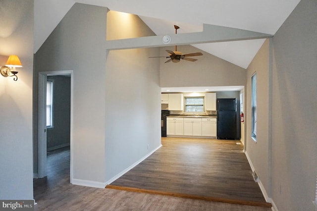83 Walnut Ln, Pine Hill, NJ 08021 - unfurnished living room featuring high vaulted ceiling, wood finished floors, and ceiling fan
