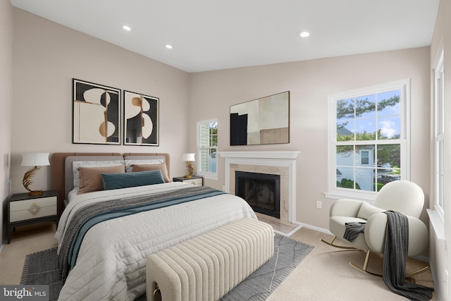 26 Portsmouth Ct, Holland, PA 18966 - carpeted bedroom with recessed lighting and a tiled fireplace