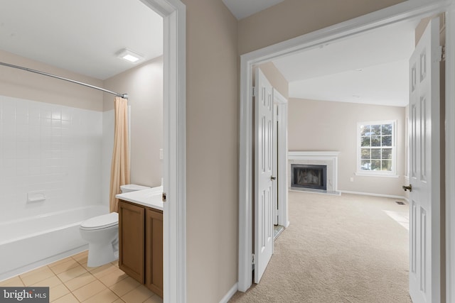26 Portsmouth Ct, Holland, PA 18966 - bathroom featuring vanity, shower / bathtub combination with curtain, and a fireplace with raised hearth
