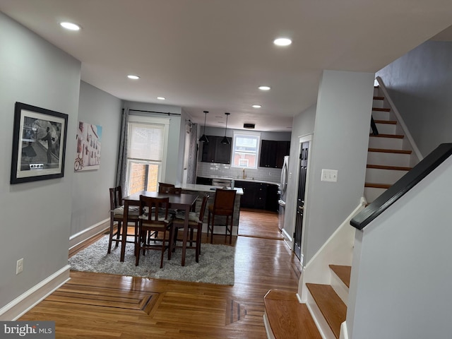 643 Jamestown Ave, Philadelphia, PA 19128 - dining room featuring stairs, recessed lighting, and dark wood-type flooring